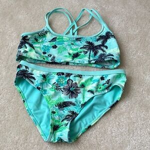 Source Unknown Tropical Print Kids Swim Bikini - Green and Black